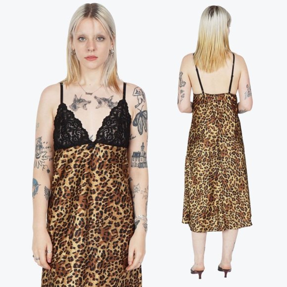 Y2K Cheetah Leopard Animal Print Satin Camisole Midi Dress - Picture 3 of 3